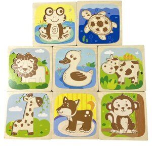 Wooden Animal Puzzle Bases Lot of 8 Frog Turtle Lion Duck Cow Giraffe Dog Monkey